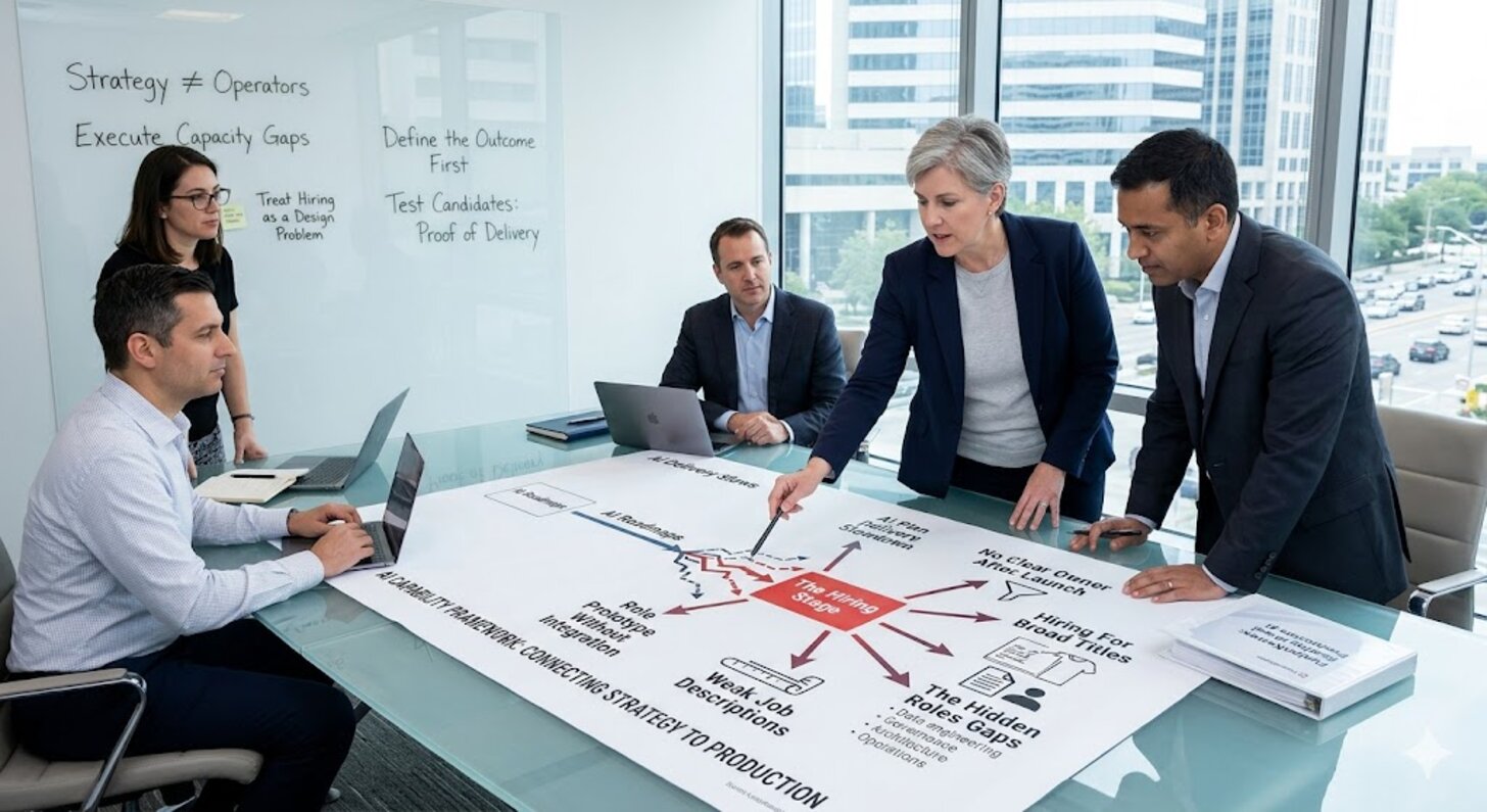 AI leadership team reviewing a strategy roadmap around a conference table